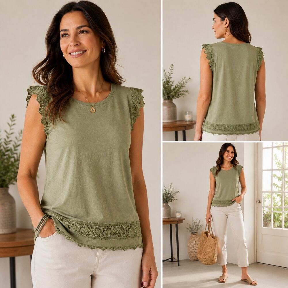 Talbots XL Sage Green Eyelet Lace Trim Sleeveless Top Cotton Boho Cottagecore
